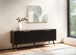 Lowboard FineBuy TV Schrank 150 cm Schwarz Türen Fernsehkommode Eiche Modern