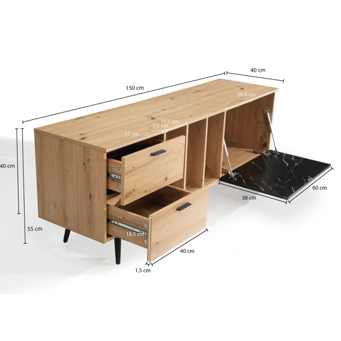 Lowboard FineBuy TV Schrank 150 cm Fernsehtisch Fernsehschrank Marmor Schwarz