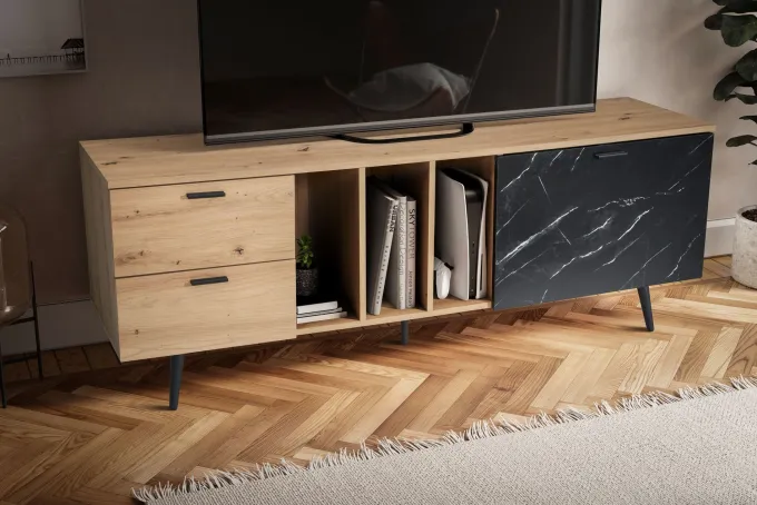 Lowboard FineBuy TV Schrank 150 cm Fernsehtisch Fernsehschrank Marmor Schwarz