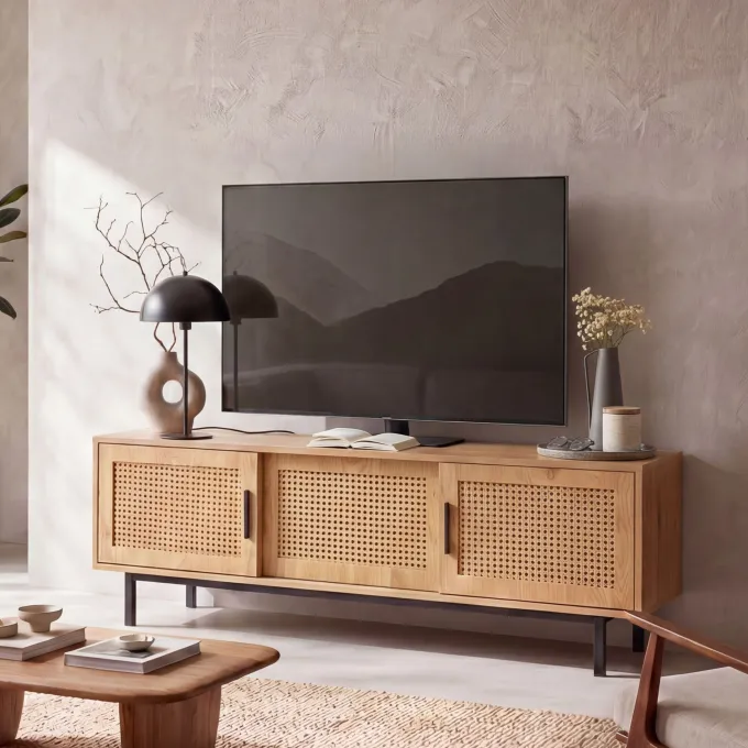 Lowboard FineBuy TV Schrank 120 cm Holz Eiche Fernsehkommode Wiener Geflecht