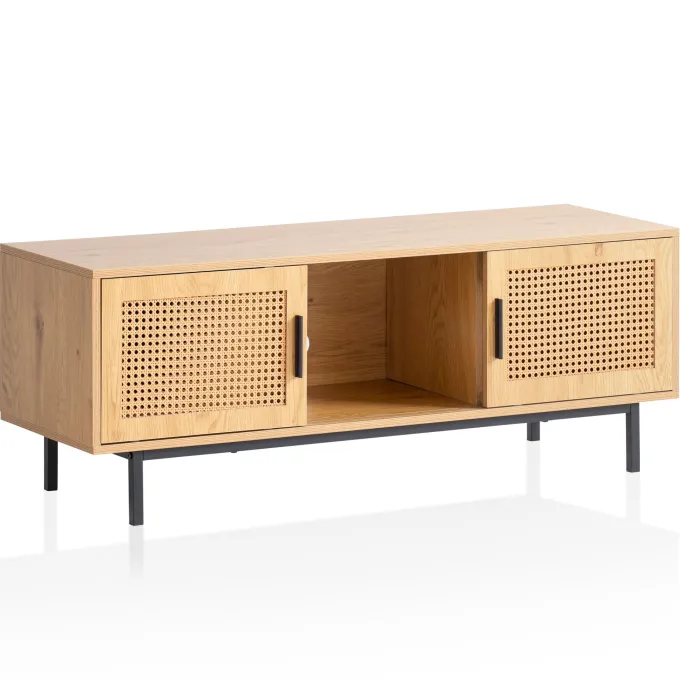 Lowboard FineBuy TV Schrank 120 cm Holz Eiche Fernsehkommode Wiener Geflecht