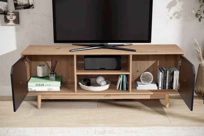 Lowboard FineBuy TV Schrank 150 cm Fernsehkommode Fernsehschrank Eiche Schwarz