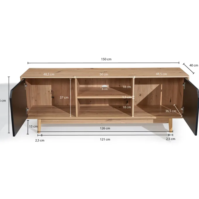 Lowboard FineBuy TV Schrank 150 cm Fernsehkommode Fernsehschrank Eiche Schwarz