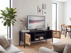 Lowboard FineBuy TV Schrank 110 cm Holz Schwarz Fernsehkommode Wiener Geflecht