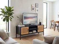 Lowboard FineBuy TV Schrank 110 cm Holz Schwarz Fernsehkommode Wiener Geflecht