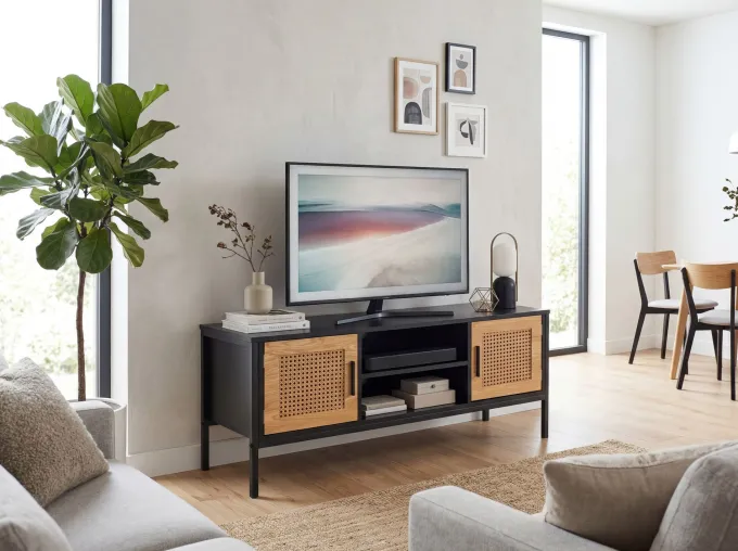 Lowboard FineBuy TV Schrank 110 cm Holz Schwarz Fernsehkommode Wiener Geflecht