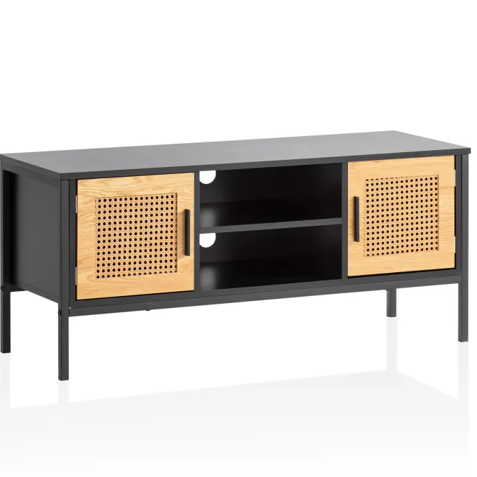 Lowboard FineBuy TV Schrank 110 cm Holz Schwarz Fernsehkommode Wiener Geflecht
