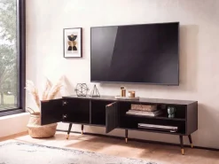 Lowboard FineBuy TV Schrank 150 cm Schwarz Türen Fernsehkommode Eiche Modern