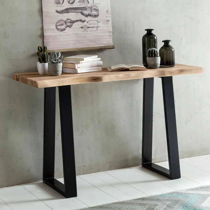 Massiver Konsolentisch GAYA 120 x 45cm Schreibtisch Baumkante Tisch Massiv Holz