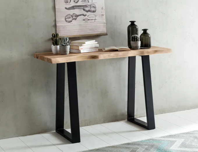 Massiver Konsolentisch GAYA 120 x 45cm Schreibtisch Baumkante Tisch Massiv Holz