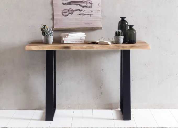 Massiver Konsolentisch GAYA 120 x 45cm Schreibtisch Baumkante Tisch Massiv Holz