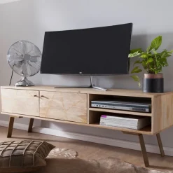 Massives TV-Board 145cm Mango Massivholz hell Fernsehschrank mit 2 Türen & Ablage Lowboard