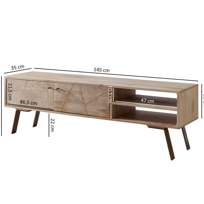 Massives TV-Board 145cm Mango Massivholz hell Fernsehschrank mit 2 Türen & Ablage Lowboard