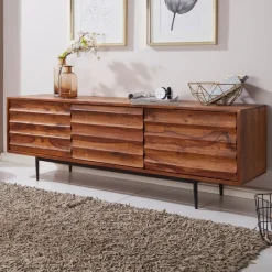 Massives TV-Board 150 cm Sheesham Massivholz Fernsehschrank mit 3 Türen Lowboard