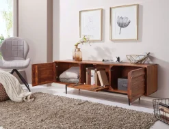 Massives TV-Board 150 cm Sheesham Massivholz Fernsehschrank mit 3 Türen Lowboard