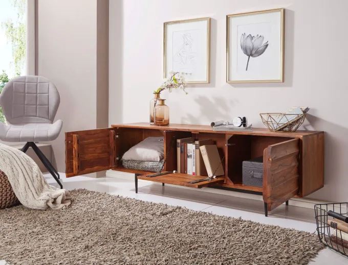 Massives TV-Board 150 cm Sheesham Massivholz Fernsehschrank mit 3 Türen Lowboard