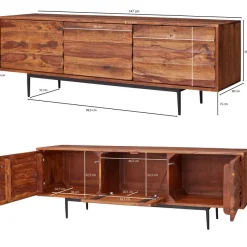 Massives TV-Board 150 cm Sheesham Massivholz Fernsehschrank mit 3 Türen Lowboard