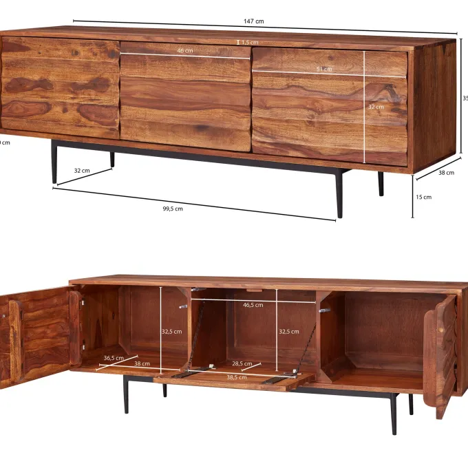 Massives TV-Board 150 cm Sheesham Massivholz Fernsehschrank mit 3 Türen Lowboard