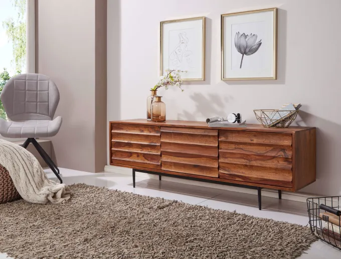 Massives TV-Board 150 cm Sheesham Massivholz Fernsehschrank mit 3 Türen Lowboard