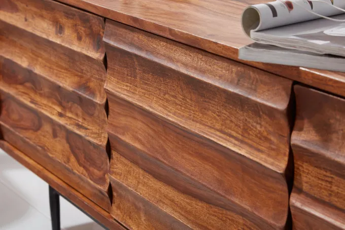 Massives TV-Board 150 cm Sheesham Massivholz Fernsehschrank mit 3 Türen Lowboard