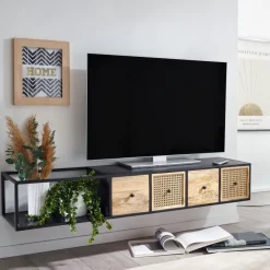 Massive TV-Board Kommode 150cm hängend Mango Massivholz Wiener Geflecht Rattan TV Lowboard