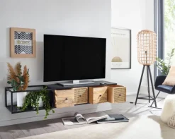 Massive TV-Board Kommode 150cm hängend Mango Massivholz Wiener Geflecht Rattan TV Lowboard