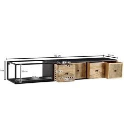 Massive TV-Board Kommode 150cm hängend Mango Massivholz Wiener Geflecht Rattan TV Lowboard