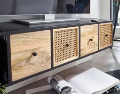 Massive TV-Board Kommode 150cm hängend Mango Massivholz Wiener Geflecht Rattan TV Lowboard