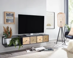 Massive TV-Board Kommode 150cm hängend Mango Massivholz Wiener Geflecht Rattan TV Lowboard