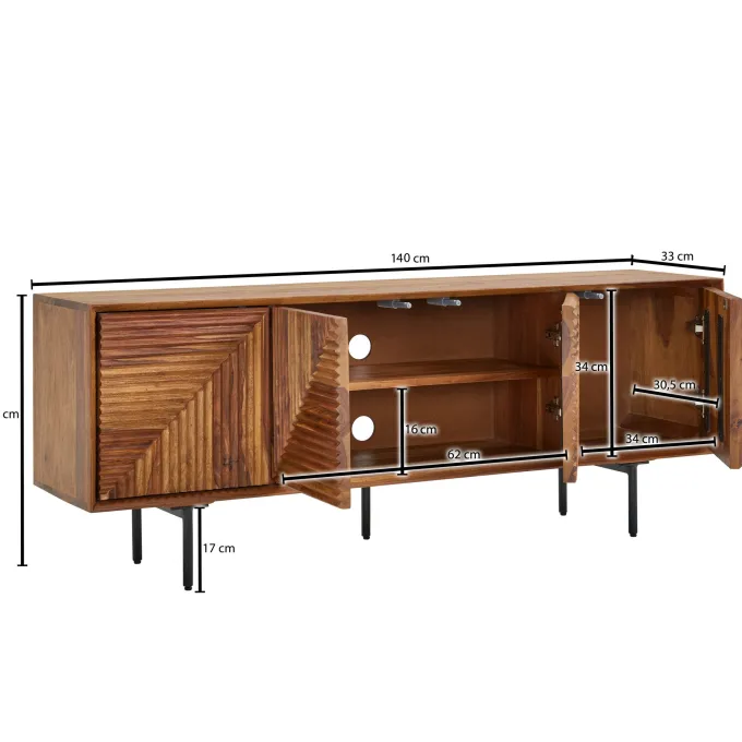 Massive TV-Board Kommode 140cm Sheesham Massivholz 3 Türen Fernsehschrank Lowboard
