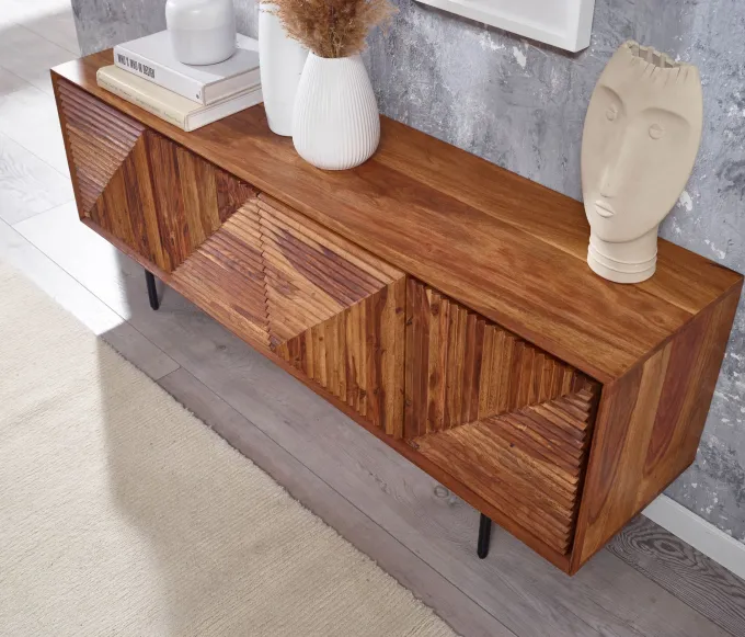 Massive TV-Board Kommode 140cm Sheesham Massivholz 3 Türen Fernsehschrank Lowboard