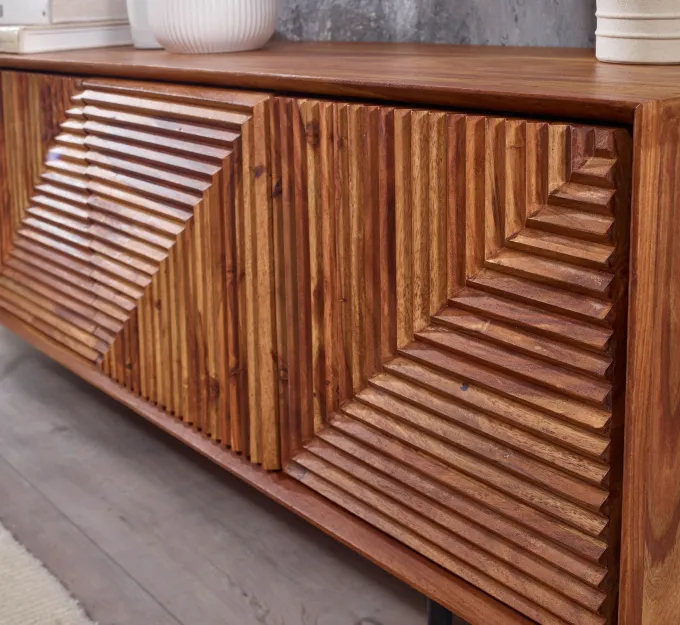 Massive TV-Board Kommode 140cm Sheesham Massivholz 3 Türen Fernsehschrank Lowboard