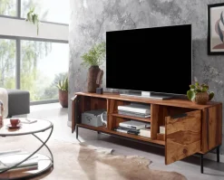 Massive TV-Board Kommode 150cm Sheesham Massivholz Fernsehschrank Lowboard mit 2 Türen