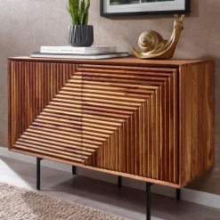 Massivholz Design Sideboard 100cm Sheesham Kommode mit 2 Türen Retro Design Metall schwarz