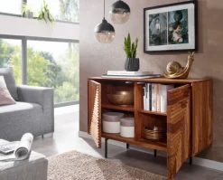 Massivholz Design Sideboard 100cm Sheesham Kommode mit 2 Türen Retro Design Metall schwarz