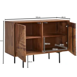 Massivholz Design Sideboard 100cm Sheesham Kommode mit 2 Türen Retro Design Metall schwarz