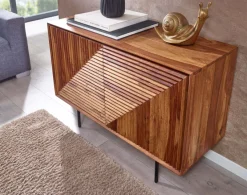Massivholz Design Sideboard 100cm Sheesham Kommode mit 2 Türen Retro Design Metall schwarz