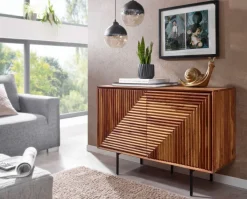 Massivholz Design Sideboard 100cm Sheesham Kommode mit 2 Türen Retro Design Metall schwarz
