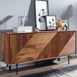 Massivholz Design Sideboard 150cm Sheesham Kommode mit 3 Türen Retro Design Metall schwarz