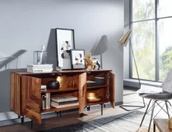 Massivholz Design Sideboard 150cm Sheesham Kommode mit 3 Türen Retro Design Metall schwarz
