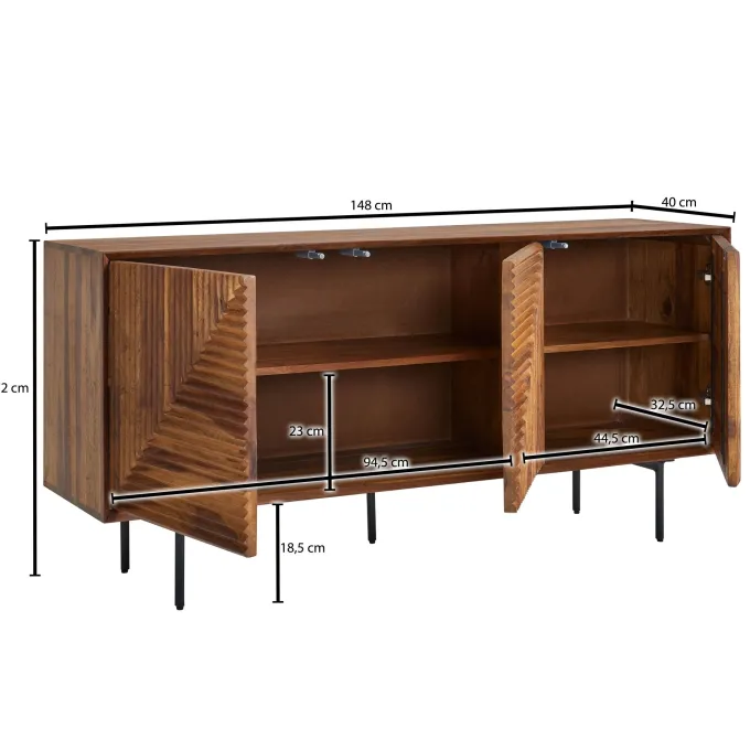 Massivholz Design Sideboard 150cm Sheesham Kommode mit 3 Türen Retro Design Metall schwarz