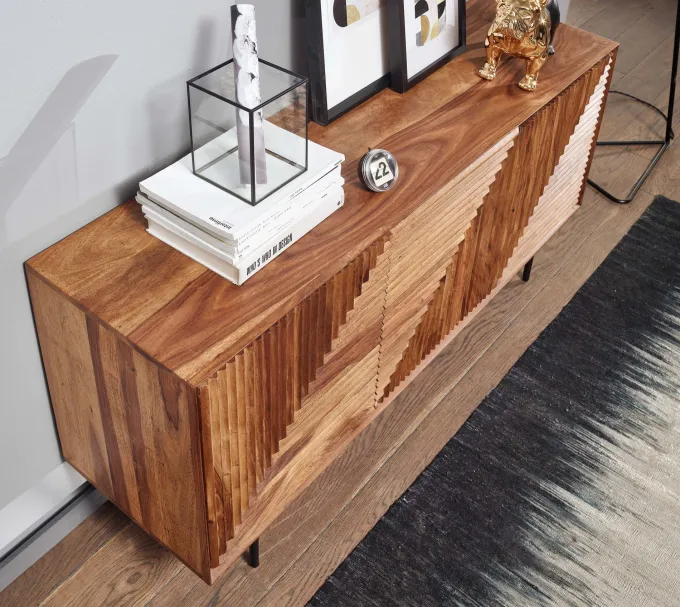 Massivholz Design Sideboard 150cm Sheesham Kommode mit 3 Türen Retro Design Metall schwarz
