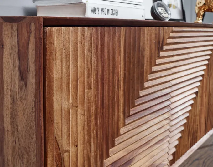 Massivholz Design Sideboard 150cm Sheesham Kommode mit 3 Türen Retro Design Metall schwarz