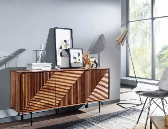 Massivholz Design Sideboard 150cm Sheesham Kommode mit 3 Türen Retro Design Metall schwarz