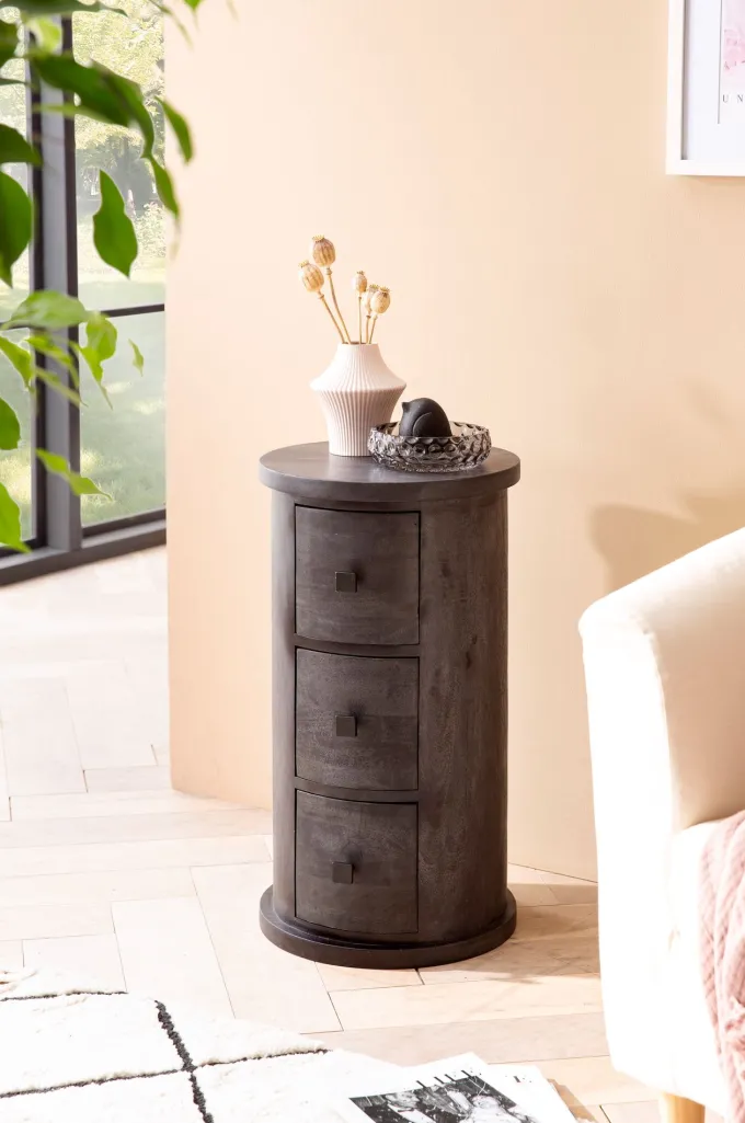 Massivholz Kommode mit Schubladen aus Mango Holz Schubladenkommode rund Schwarz