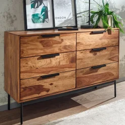Massivholz Schubladenkommode 120cm Sheesham Natur Design Kommode mit 6 Schubladen Sideboard Metall schwarz