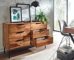 Massivholz Schubladenkommode 120cm Sheesham Natur Design Kommode mit 6 Schubladen Sideboard Metall schwarz