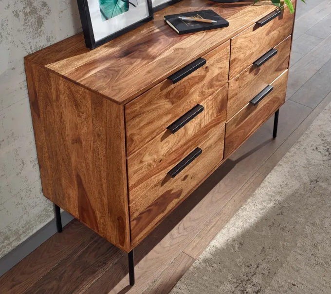 Massivholz Schubladenkommode 120cm Sheesham Natur Design Kommode mit 6 Schubladen Sideboard Metall schwarz