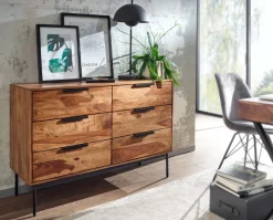 Massivholz Schubladenkommode 120cm Sheesham Natur Design Kommode mit 6 Schubladen Sideboard Metall schwarz