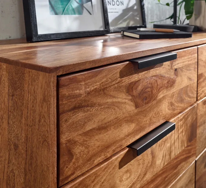 Massivholz Schubladenkommode 120cm Sheesham Natur Design Kommode mit 6 Schubladen Sideboard Metall schwarz